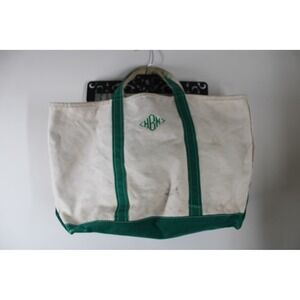 Vtg LL Bean Large Cream Green Boat and Tote Zip Top Monogram Canvas Bag